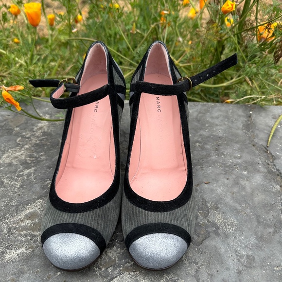Marc Jacobs Silver Tipped, Black, and Grey Corduroy Heels Size 38 - Picture 1 of 4